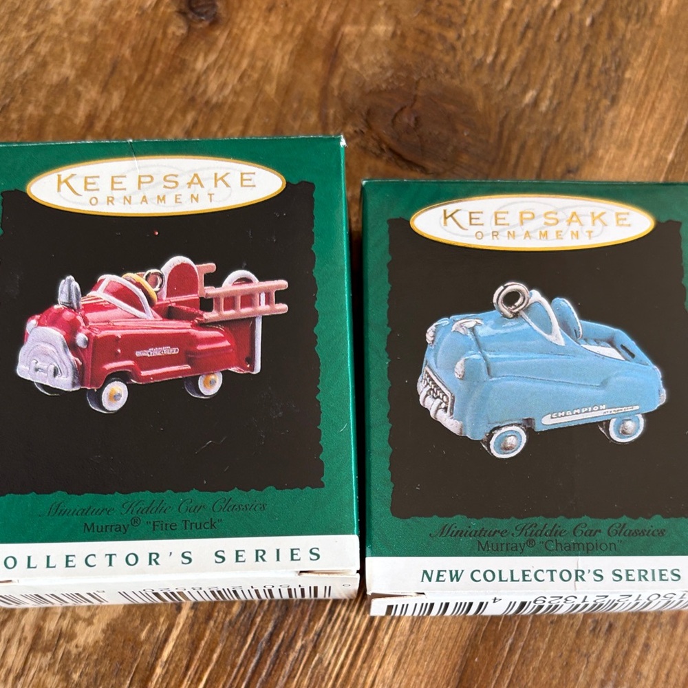 Hallmark Miniature KEEPSAKE the Label Red Fire Truck and Blue Car Ornaments,
